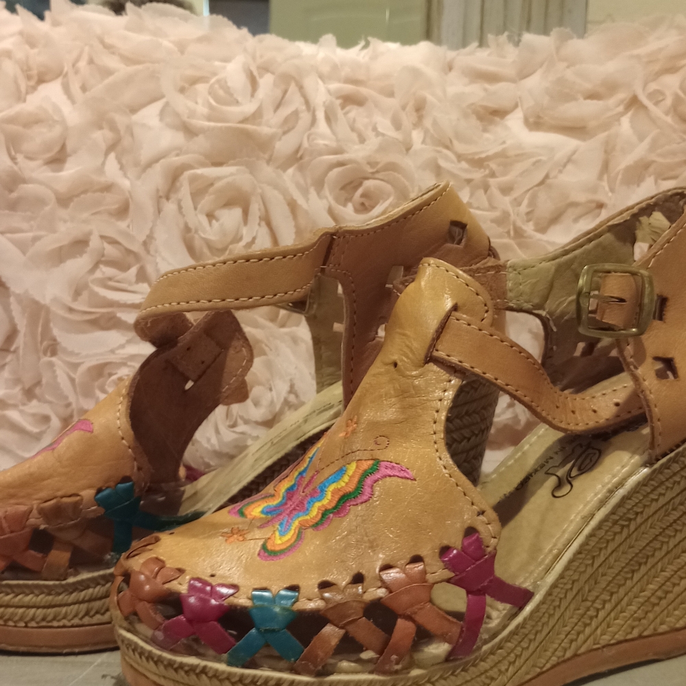 Women's Tan Wedge Sandals with Multicolor Accents